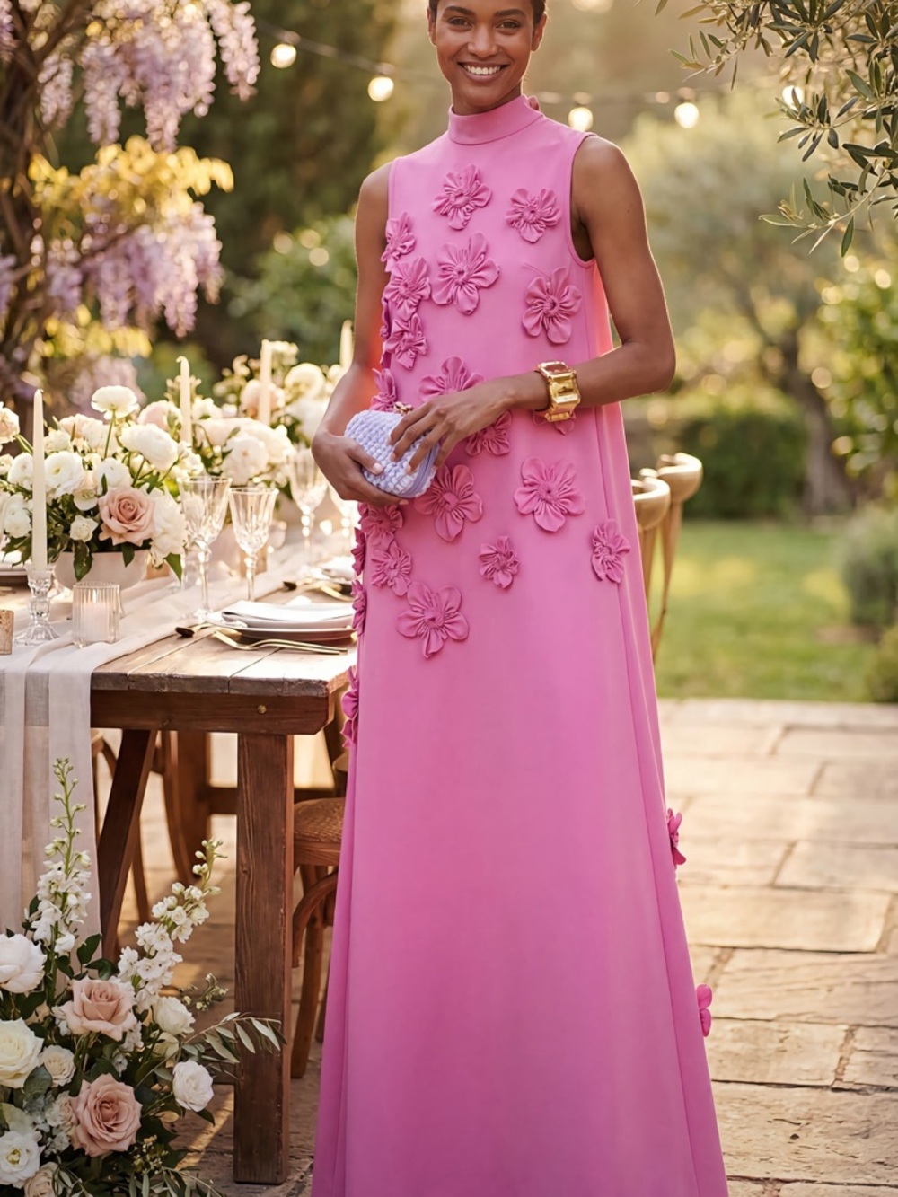 Sleeveless Pink Floral-Appliqué Maxi Dress